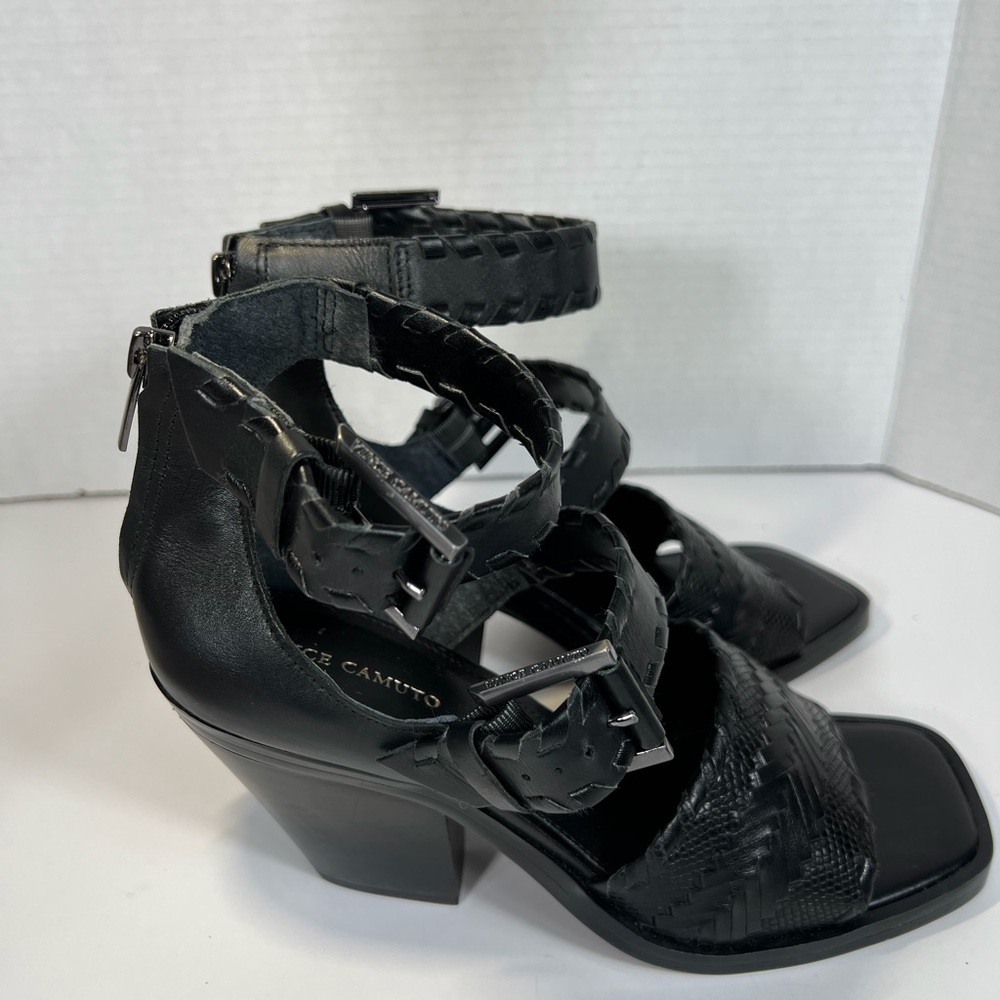 Vince Camuto Suraylin Black Leather Buckle Block Heel Sandals 8.5 Gladiator - Picture 3 of 14